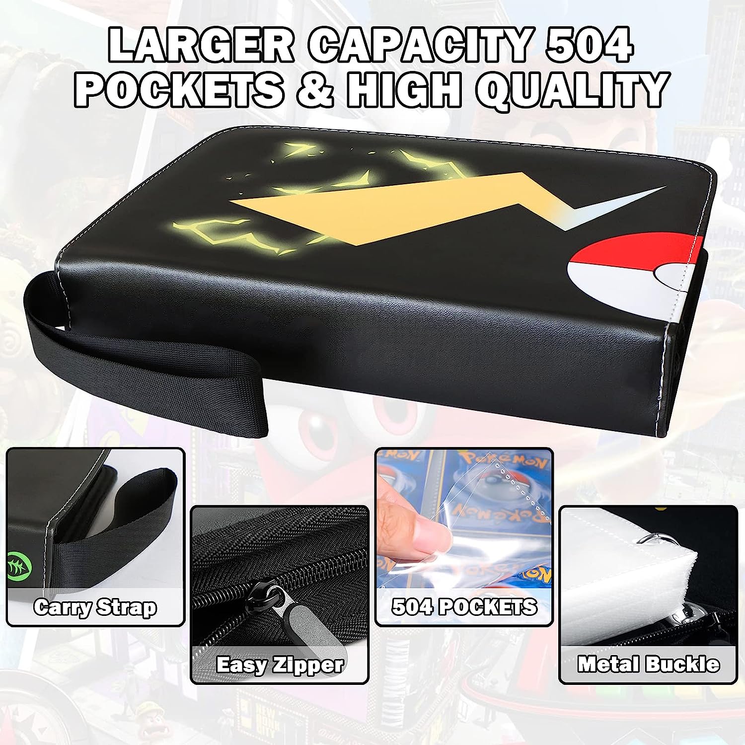 Black Card Binders for Pokemon Cards 4 Pocket - Hold 504 Game Cards with 63 Sleeves, Trading Card Collection Zipper Binder Holder for Kids Gifts - Image 2